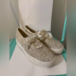 Kate Spade x Keds Silver Ivory Glitter Platform Sneakers 6.5